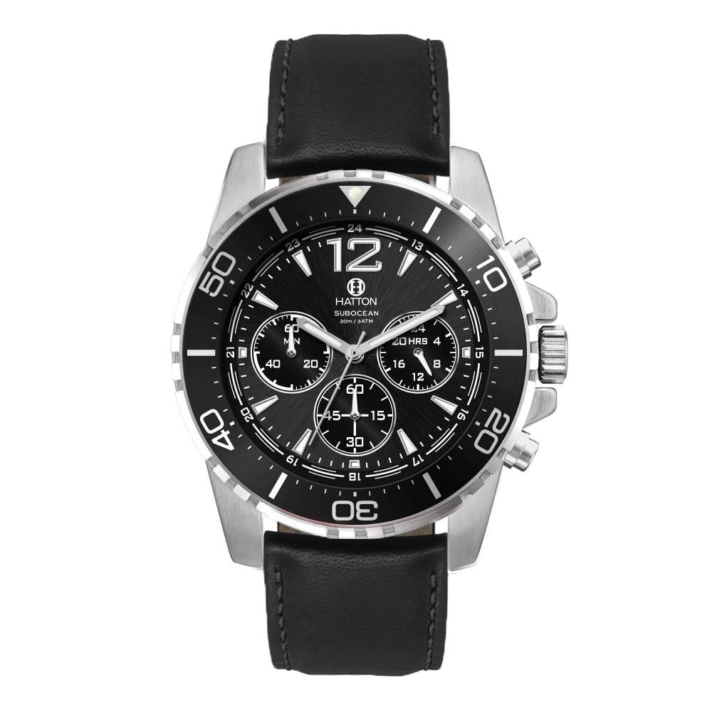 Hatton Subocean 30M 44mm Chronograph - Black/Black - Grey Stitch Strap