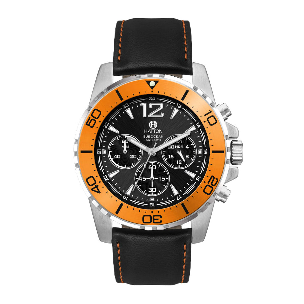 Hatton Subocean 30M 44mm Chronograph - Black/Orange Leather Strap