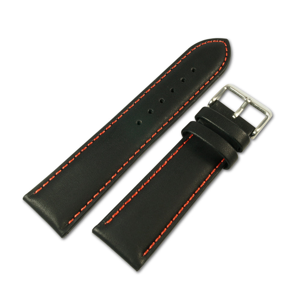 Black Leather Watch Strap Single Red Stitching - 22mm