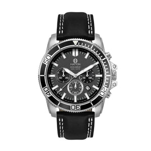 Hatton Oceanray 100M 42mm Chronograph - Black Leather White Stitched Strap