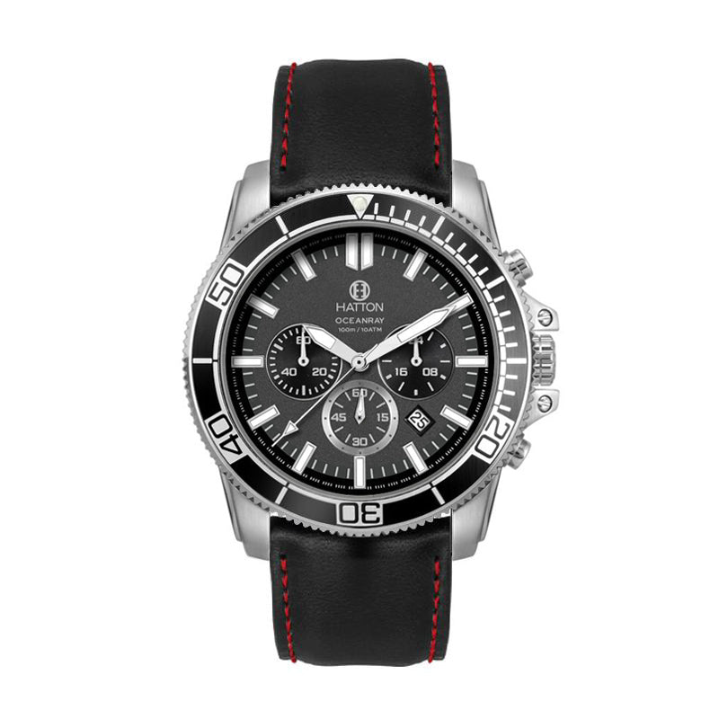 Hatton Oceanray 100M 42mm Chronograph - Black Leather Red Stitched Strap