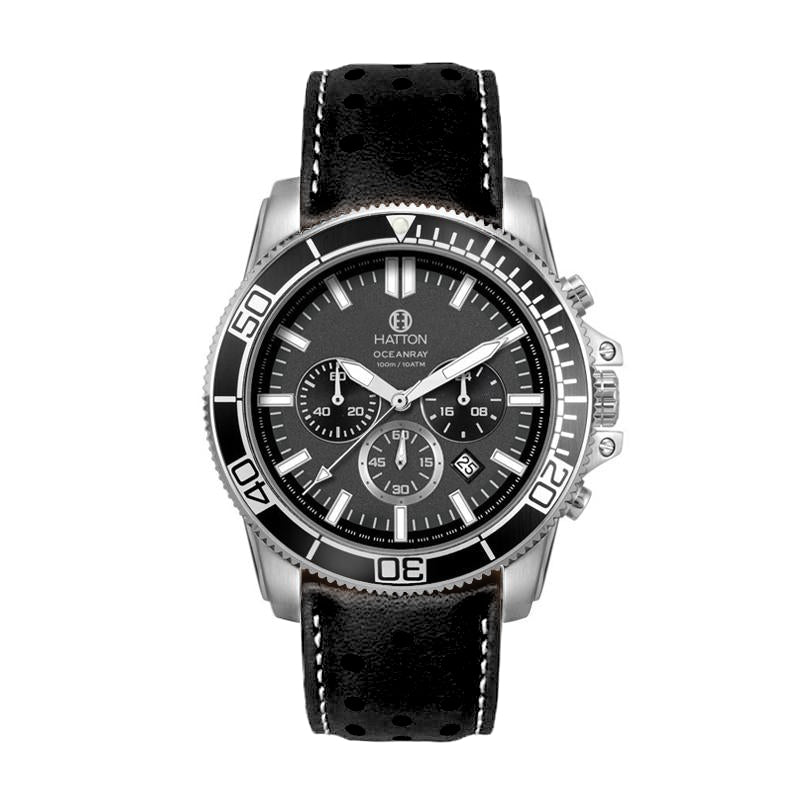 Hatton Oceanray 100M 42mm Chronograph - Black Perforated Genuine Leather Strap