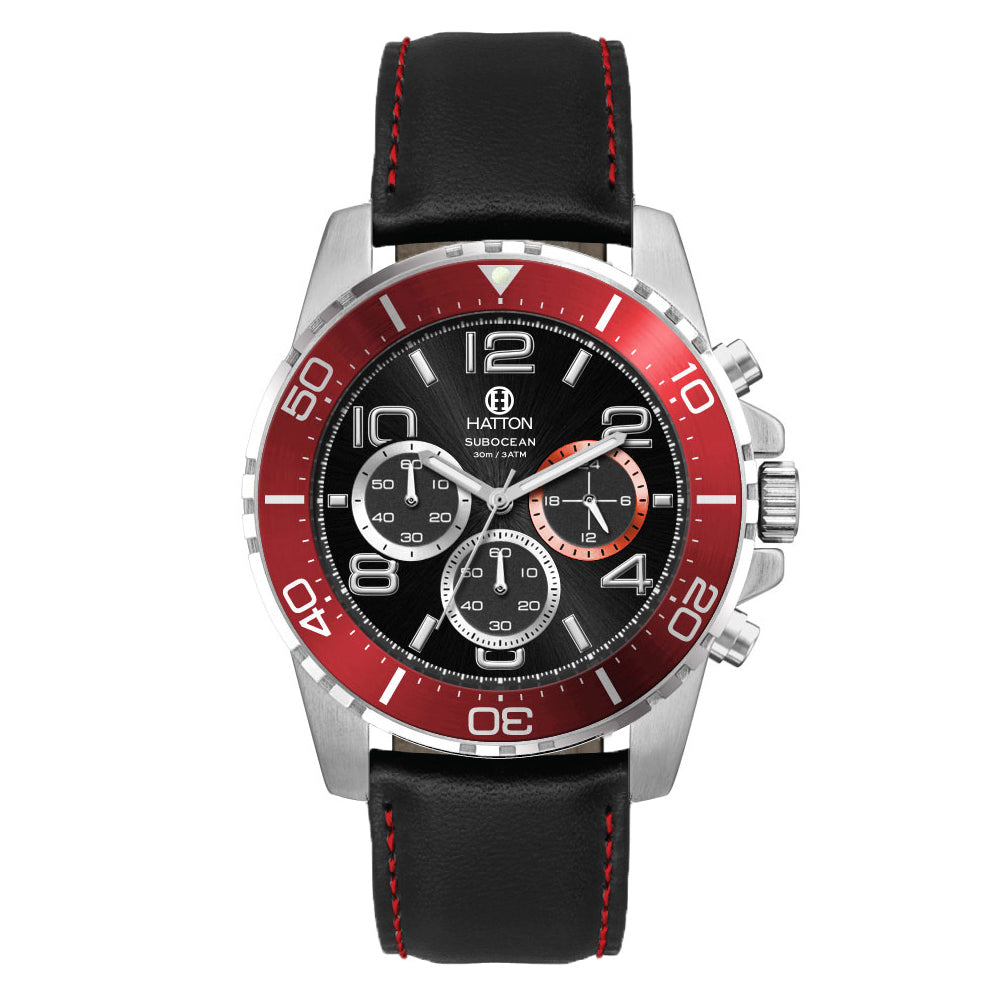 Hatton Subocean 30M 44mm Chronograph - Red, Black Leather Red Stitch Strap