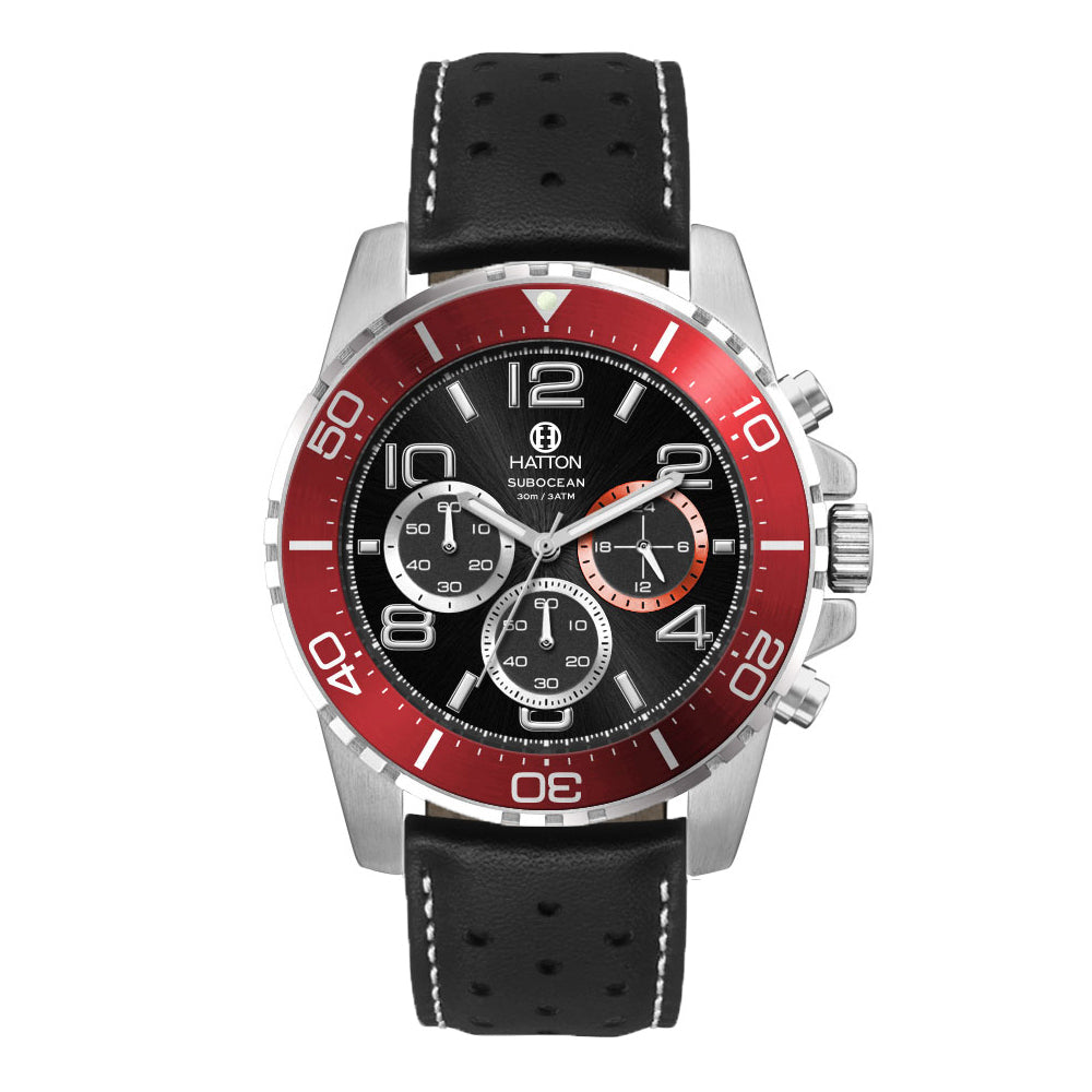 Hatton Subocean 30M 44mm Chronograph - Red, Black Leather Sport Strap